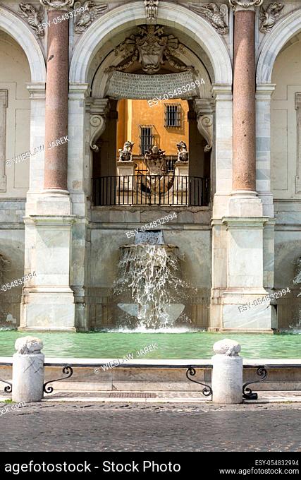 The Fontana dell'Acqua Paola also known as Il Fontanone (""The big fountain"") is a monumental fountain located on the Janiculum Hill in Rome. Italy