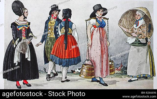 Mode, Kleidung in Deutschland, Trachten in Holstein um 19. Jahrhundert, von links, Frau beim Abendbrot in der Wilstermark