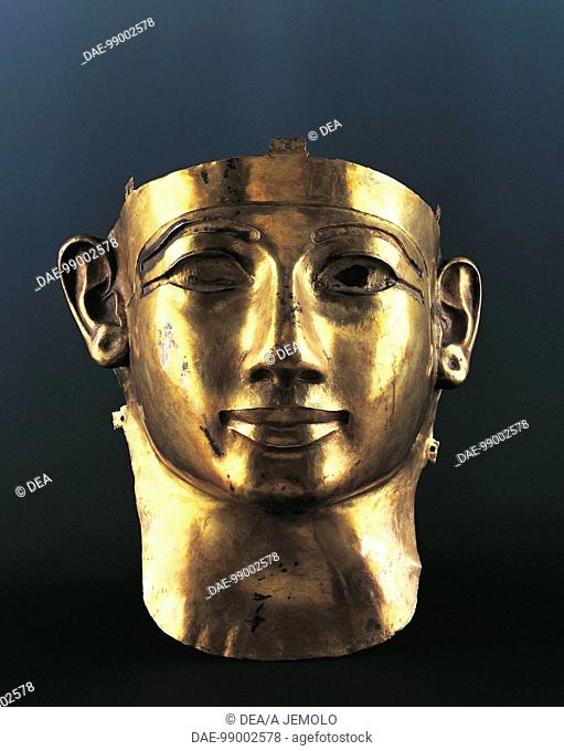 Egyptian civilization, Third Intermediate Period, Dynasty XXII. Incomplete gold mask of Sheshena II. From Tanis.  Cairo, Egyptian Museum