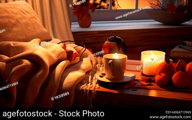 Cozy fall scene with a pumpkin spice scented candle, a warm blanket, and a cup of tea, inviting relaxation and comfort