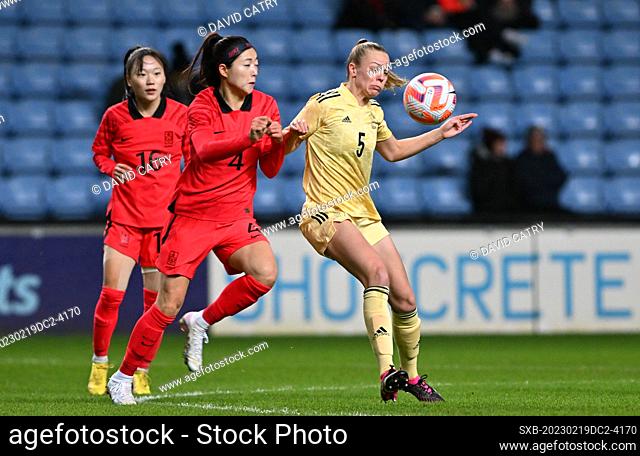 Seoyeon Shim (4) of Korea Republic and Sarah Wijnants (5) of Belgium pictured fighting for the ball during a friendly women soccer game between the national...