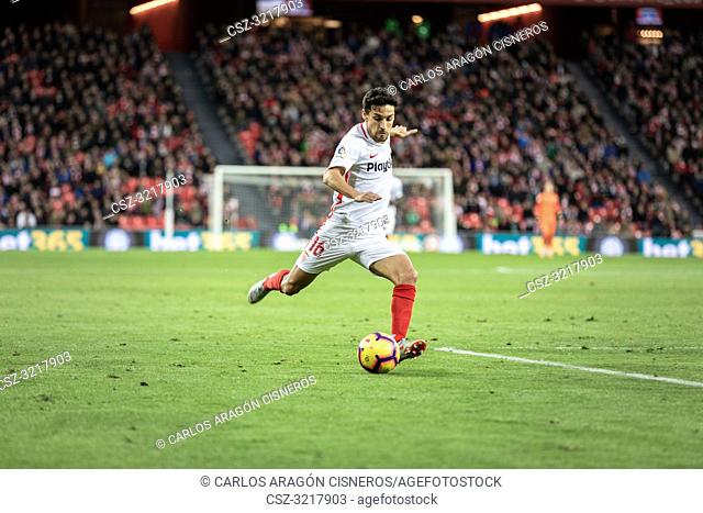 Jesus Navas, Sevilla player, in action during a Spanish League match between Athletic Club Bilbao and Sevilla FC at San Mames Stadium on January 13