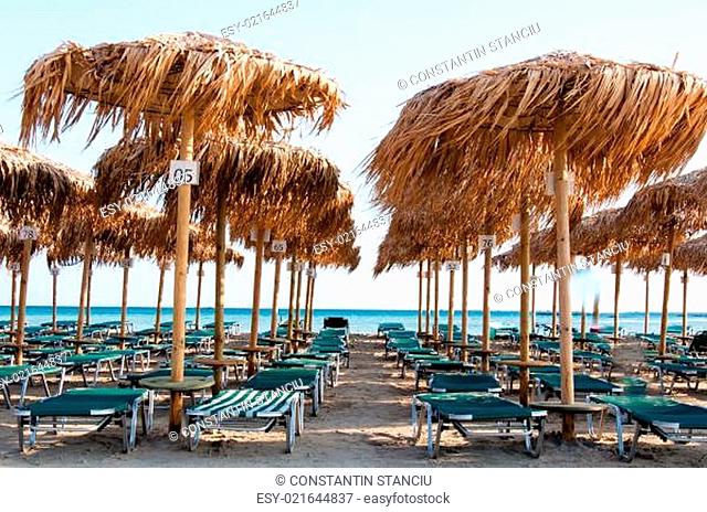 Umbrellas and sunbeds on Elafonissi beach, Crete, Greece