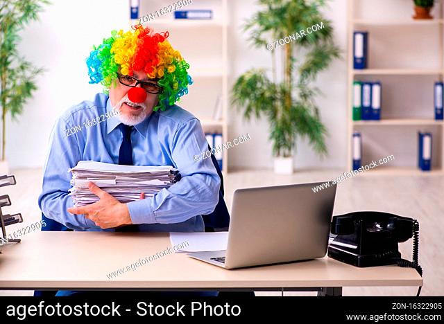Aged businessman clown working in the office