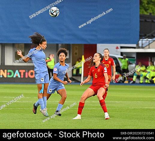 Airine Fontaine (10) of France with Chloe Neller (8) of France and Maite Zubieta (6) of Spain pictured during a female soccer game between the national women...
