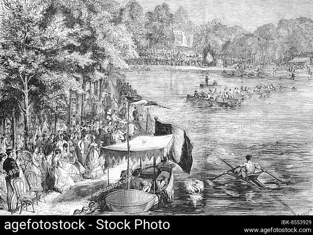 Competition of rowing clubs on the Bois de Boulogne lake in the west of Paris, 1869, France, Historic, digitally restored reproduction of an original 19th...
