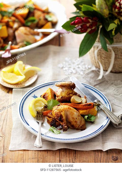 Spicy roast chicken with oven-roasted vegetables