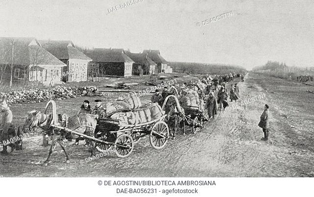 A convoy of Japanese war prisoners going crossing the village of Medwied to reach Utorgosch Station for repatriation, Russia, photo from L'Illustration, No 3279