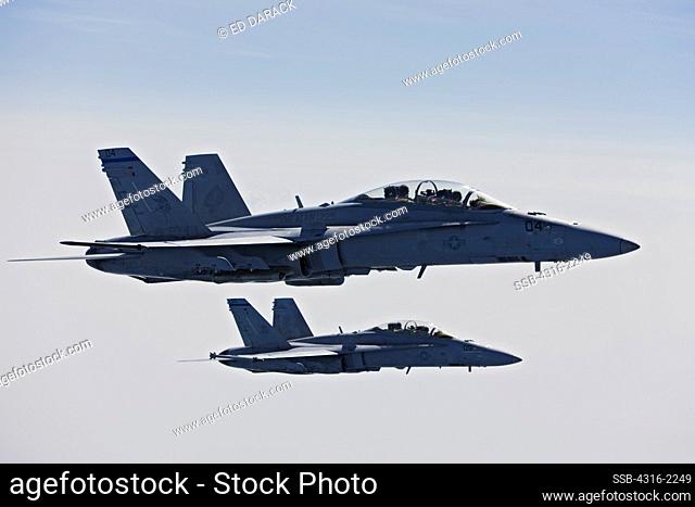 An aerial view of two United States Marine Corps F/A-18D Hornets above the South China Sea, Malaysia