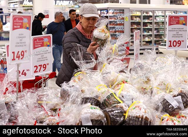 RUSSIA, MOSCOW - APRIL 11, 2023: A woman shops for Easter cakes in an Auchan superstore at the Aviapark Shopping Centre in the run-up to Orthodox Easter