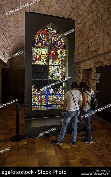 Medieval stained glass windows exhibited in the cloister of the cathedral of Girona (Catalonia, Spain)