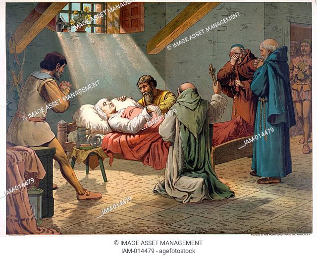 Christopher Columbus c1451-1506 Genoese navigator and explorer on his deathbed at Valladolid. Religion Christian Priest America. Chromolithograph 1893