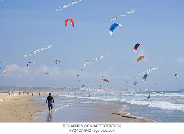 Tarifa Costa de la Luz Cadiz Province Spain Kite surfing off Playa de los Lances