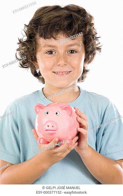 Adorable boy with pink piggy bank