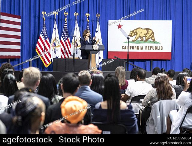 United States Vice President Kamala Harris speaks with doctors, nurses, doulas and healthcare professionals during a tour of the University of California...