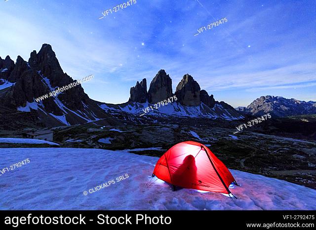 Camping at the Three Peaks of Lavaredo . Sesto Dolomites Trentino Alto Adige Italy Europe