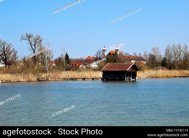 Germany, Bavaria, Upper Bavaria, Schlehdorf, Kochelsee, Schlehdorf monastery, boat hut, spring