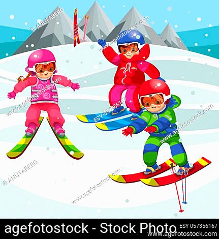 Cartoon kids having fun on skis on winter holiday. Three happy children  skiing on slippery hill..., Stock Vector, Vector And Low Budget Royalty  Free Image. Pic. ESY-057356167 | agefotostock