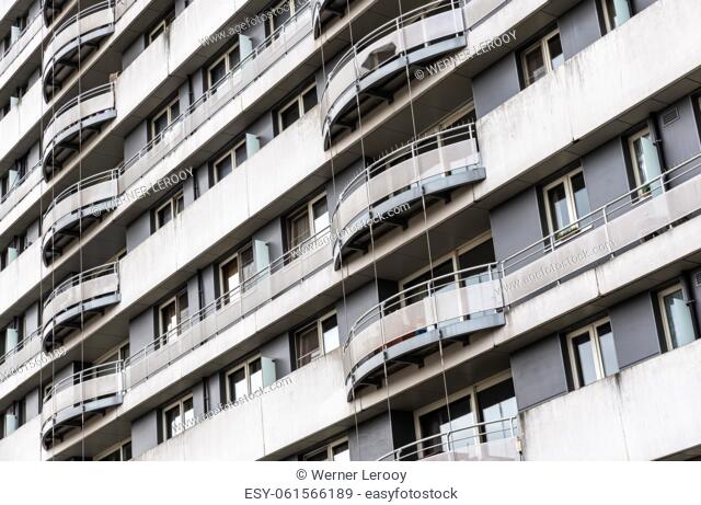 Ghent, Flanders, Belgium. Facade and balconies of a high contemporary apartment block