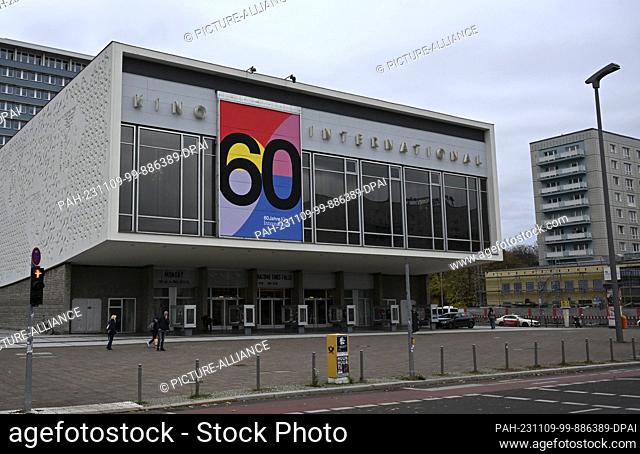 09 November 2023, Berlin: The Kino International on Karl-Marx-Allee is celebrating its 60th anniversary with a new poster on its façade