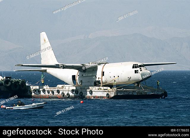 Preparation for sinking of aircraft, C-130 Hercules, C130, transport aircraft, dive site, dive destination, Aqaba, Jordan, Asia Minor, Middle East, Asia