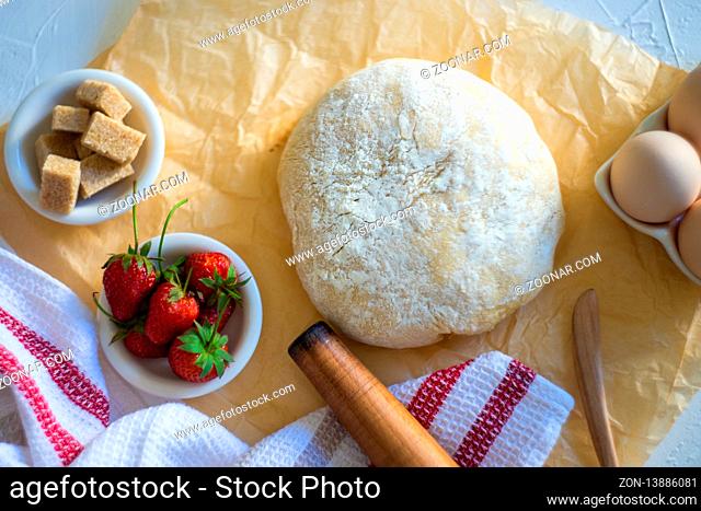 Ingredients for traditional ukrainian vareniki with strawberries