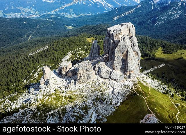 aerial view of cinque torri in dolomites mountains in italy. epic landscape on a sunny day of summer