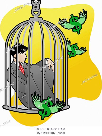 A businessman stuck in a bird cage with money flying around
