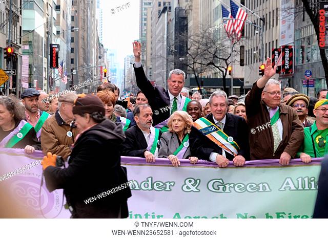 Mayor Deblasio marches in St Patricks parade Featuring: Atmosphere, Mayor DeBlasio, Cardinal Dolan, Govenor Cuomo Where: Manhattan, New York