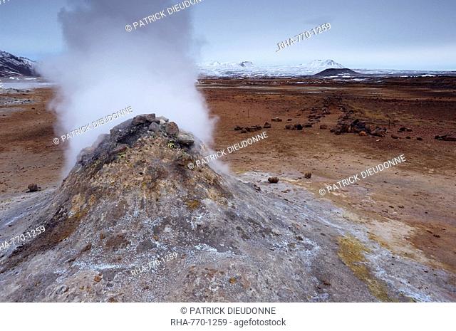 Steam vent at Namaskard geothermal area Namafjall-Hverarond, Mount Burfell, 935m, behind, near Lake Myvatn and Reykjahlid, North Iceland, Iceland, Polar Regions