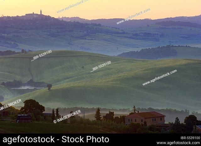 Val d'Orcia. Orcia valley at dawn. Morning mist. UNESCO World Heritage Site. San Quirico d'Orcia. Province of Siena. Tuscany. Landscape in Tuscany