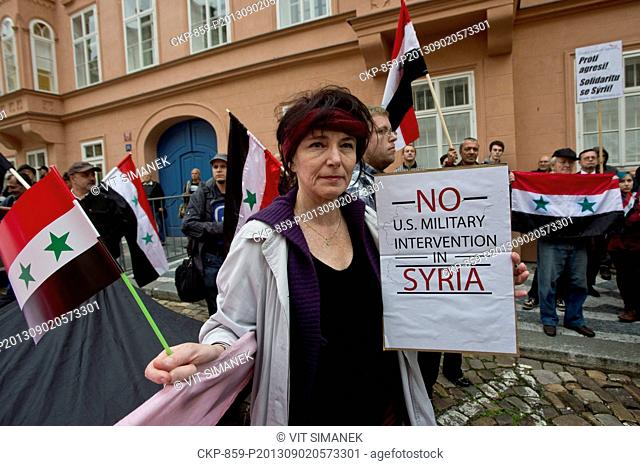 Czech Peace Movement held a demonstration against a possible international military strike in Syria in front of the U.S. Embassy in Prague, Czech Republic