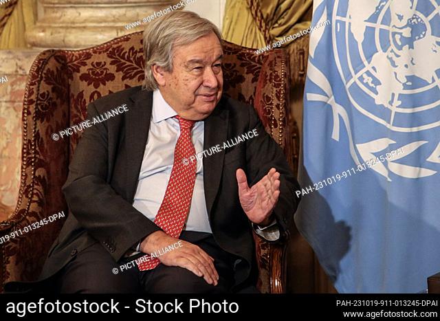 19 October 2023, Egypt, Cairo: UN Secretary-General Antonio Guterres meets with Egyptian Minister of Foreign Affairs Sameh Shoukry (Not Pictured) at Tahrir...