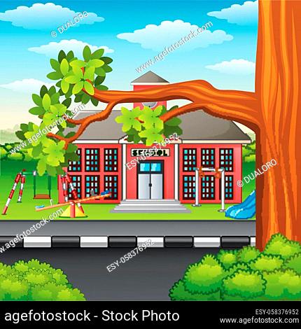 Vector illustration of Scene school building and tree branch