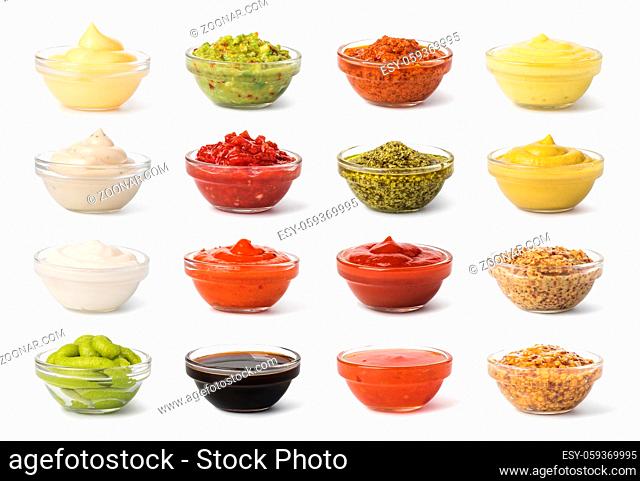 Bowl with sauce set isolated on white background