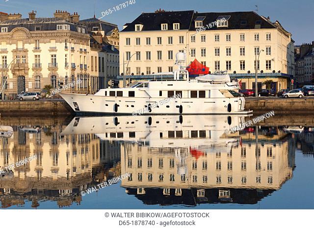 France, Normandy Region, Manche Department, Cherbourg-Octeville, yacht in the Bassin du Commerce basin, dawn