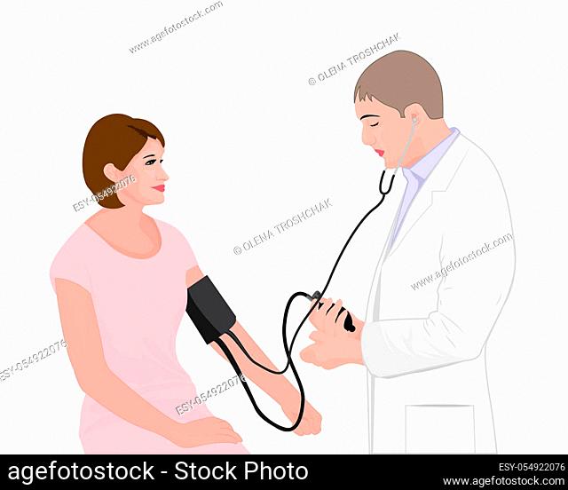Blood pressure measuring cardio exam visit to a doctor vector illustration on a white background