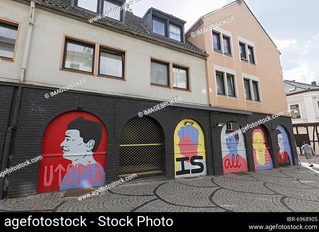 Utopia is all we have, painted facade of a pub, trendy Waldhausener Straße district, Möchengladbach, North Rhine-Westphalia, Germany, Europe