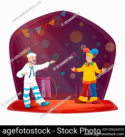 Clown characters, big top circus. Funny carnival jokers with jester and sailor costumes, hats, makeups and fake nose performing comedy show on stage with flags