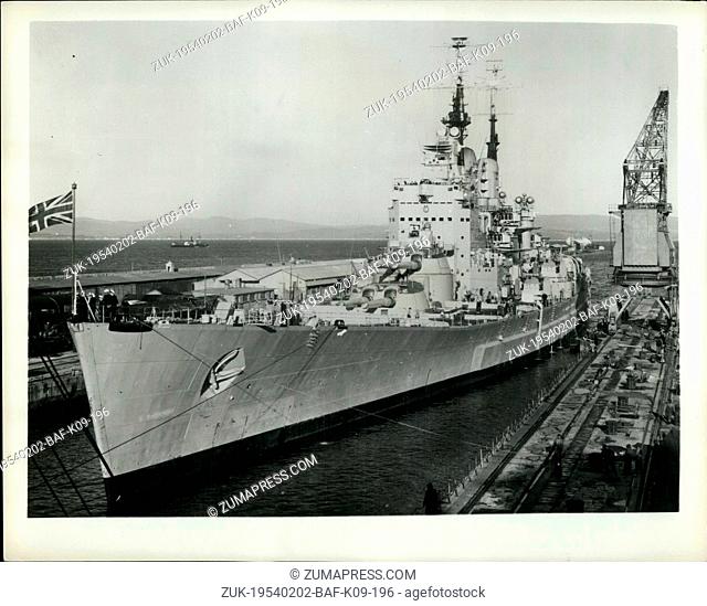 Feb. 02, 1954 - Battleship Squeezes In With 8 ft. To spare: H.M.S. Vanguard, longest warship (814 ft) built in Britain, displacement of 44, 500 tons standard