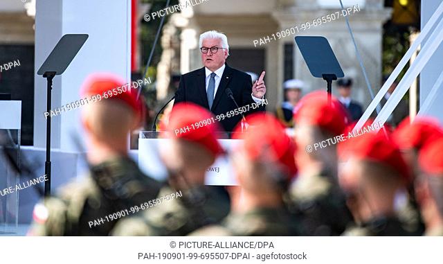 01 September 2019, Poland, Warschau: Federal President Frank-Walter Steinmeier speaks at the central commemoration ceremony of the Republic of Poland on the...