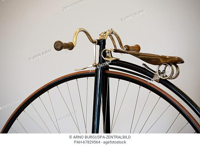 A Eugene Meyer penny-farthing (Paris ca. 1875) is displayed in the exhibition 'Self-Propelled - Or How the Bicycle Moves Us' in the Wasserpalais at Pillnitz...