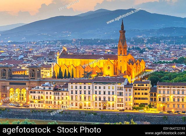 View of the city of Florence, cityscape of Italy at sunset