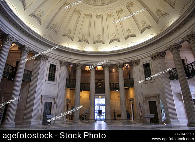 Inside the domed Federal Hall in New York City, site of the first capitol of the United States and later a customs house. USA