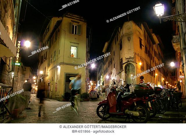 Lively alley at night, Florence, Tuscany, Italy, Europe
