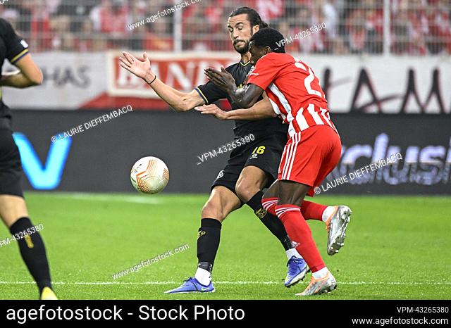 Union's Christian Burgess and Berlin's Sheraldo Becker fight for the ball during a match between FC Union Berlin and Belgian soccer team Royale Union...