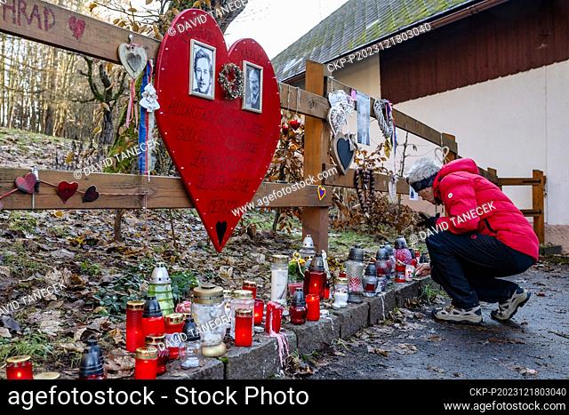 People came to place commemorative things and light candles to mark 12th anniversary of Vaclav Havel death at his countryside house in Hradecek, Czech Republic