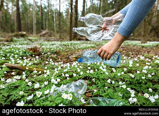 Hands of woman picking up empty plastic bottles from meadow