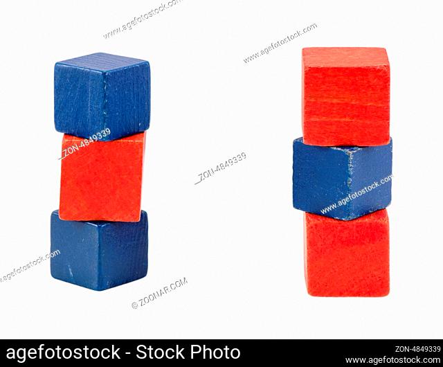 red blue color wooden toy log blocks bricks stand isolated on white