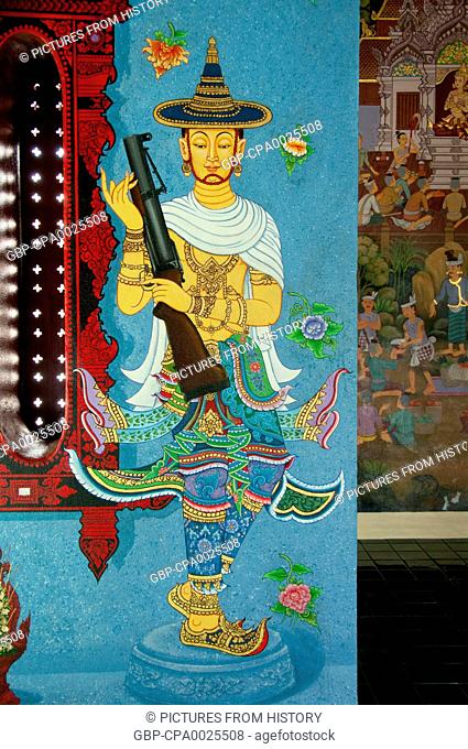 Thailand: Controversial mural of an Ayutthaya-era soldier holding a M79 grenade launcher, Lak Muang (City Pillar shrine) Wat Chedi Luang, Chiang Mai